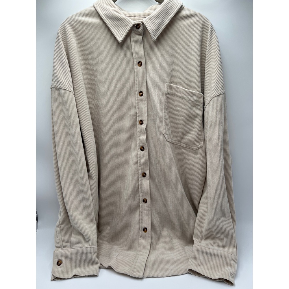 Womens Beige Corduroy Button Down Shirt‎ Oversized Long Sleeve Pocket XL